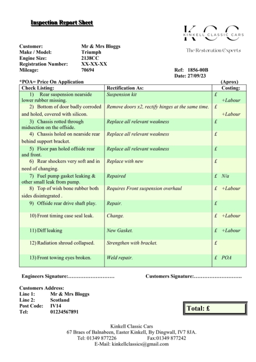 Great Service Inspection Notes kinkellclassics - Servicing and Inspections